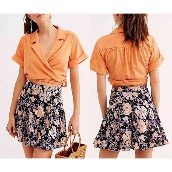 Free People Women's Black Combo End‎ OF The Island Floral Godet Skirt Size US 4 - Picture 1 of 11